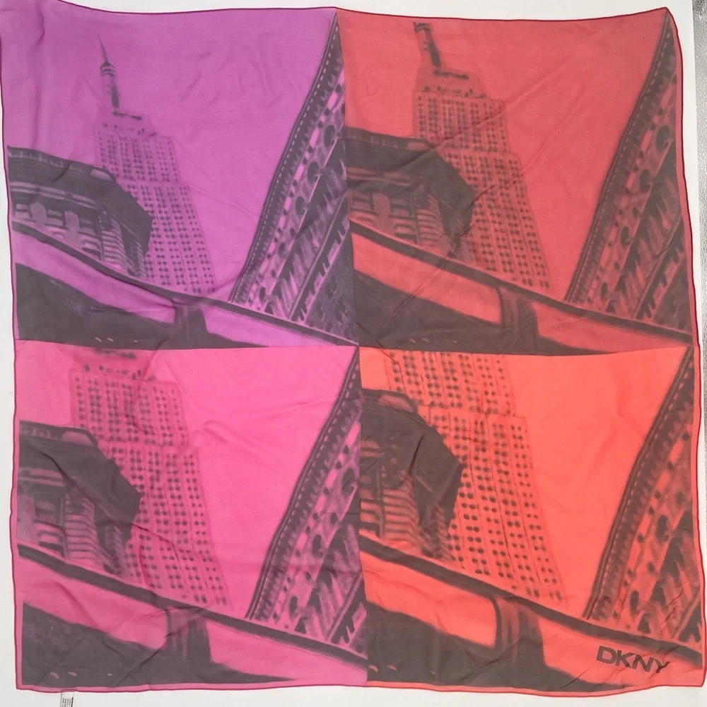 Vintage DKNY Donna Karan Silk Scarf 34”‎ Empire State NYC Pink Red Square
